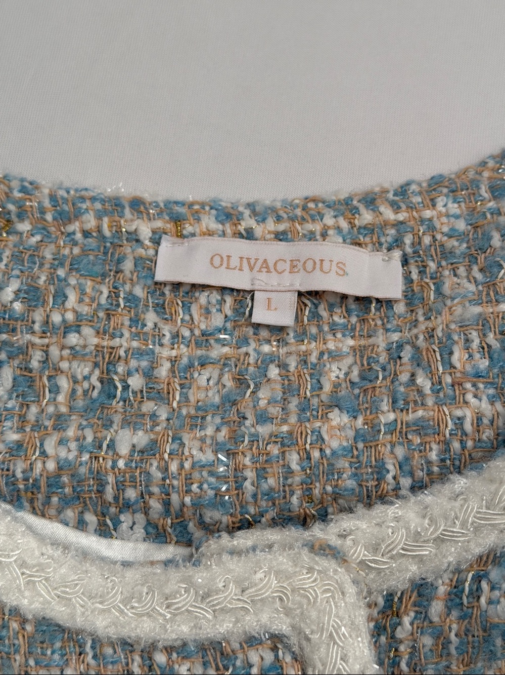 Olivaceous light blue multicolor tweed satin lined boxy blazer - Picture 5 of 9